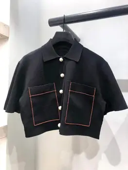 

2020 Spring Simple Knit Cardigan Women Pearl Button Short Jacket Turn-down Collar Half Sleeve Sweater Coat with Pockets
