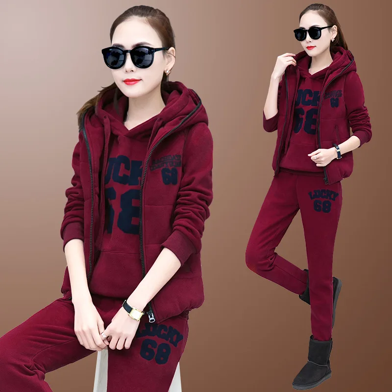 Winter Thick Fleece Women Sport Suit Tracksuit Letter Print Jacket+hoodie+pant Warm Casual Jogger Running Outfit Set Sportswear