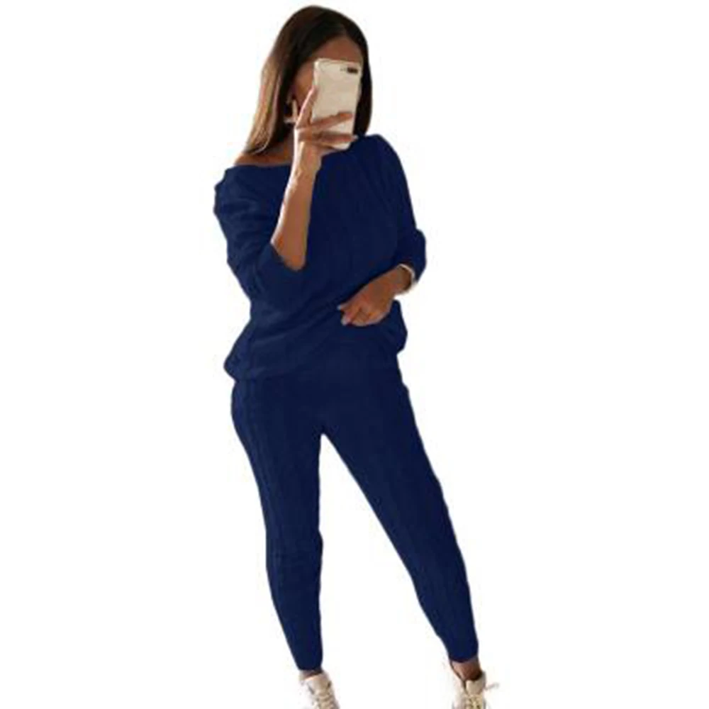 dark blue LITTHIGN осенний хлопковый спортивный костюм женский свитер топ+ брюки вязаный костюм с круглым вырезом вязаный комплект Женская верхняя одежда комплект из 2 предметов - Цвет: dark blue