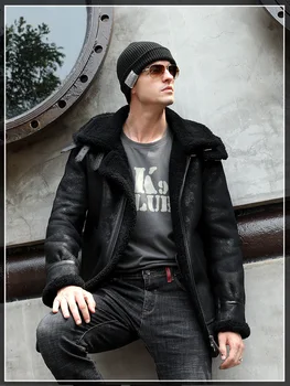 

Real Genuine Leather Jacket Men Hooded Winter Sheepskin Coat Vintage Real Wool Fur Coats Men's Leather Jackets KJ3295