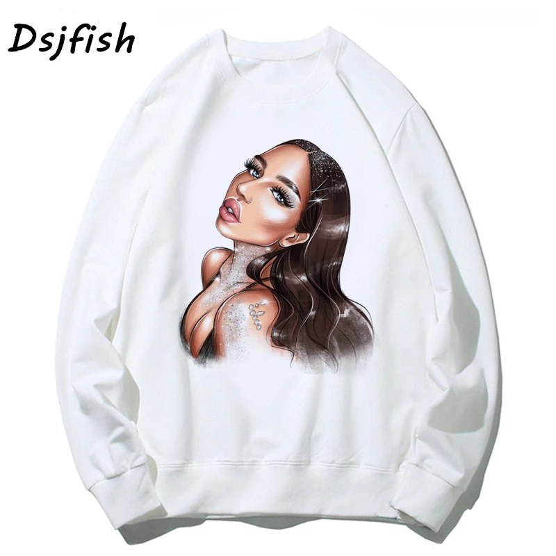 Женские толстовки swaetshirts vogue beauty sexy girl drink wine hoodie Белый мультяшный принт женский длинный рукав осенний хлопковый топ - Цвет: 1