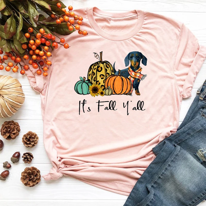 

Thanksgiving Dachshund Dog Tops It's Fall Y'all Tshirt Women 2020 Leopard Pumpkin Print Tee Streetwear Womens Clothing
