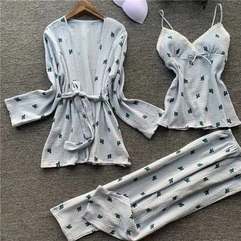 

Fashion 3 Pcs Pajamas For Women Cotton Long Sleeve Pajamas Set Sexy Robe Print Casual Home Clothes Female Nightwear Pyjamas