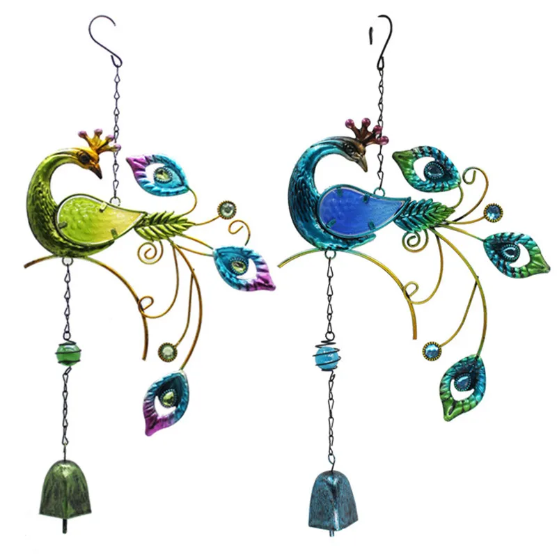 

1PC Creative Metal Wind Chimes Pendant Colorful Peacock Glass Painted Garden Balcony Decorations Blue Green Color