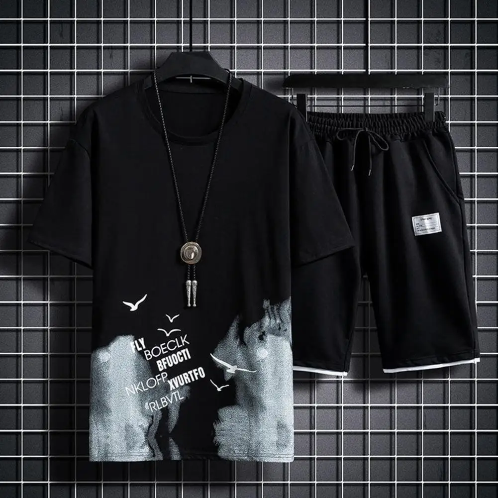 

Men Birds Printed Short Sleeve O-Neck T-shirt Drawstring Shorts Sports Suit Sportswear Set Activewear Tracksuit Jogging Set