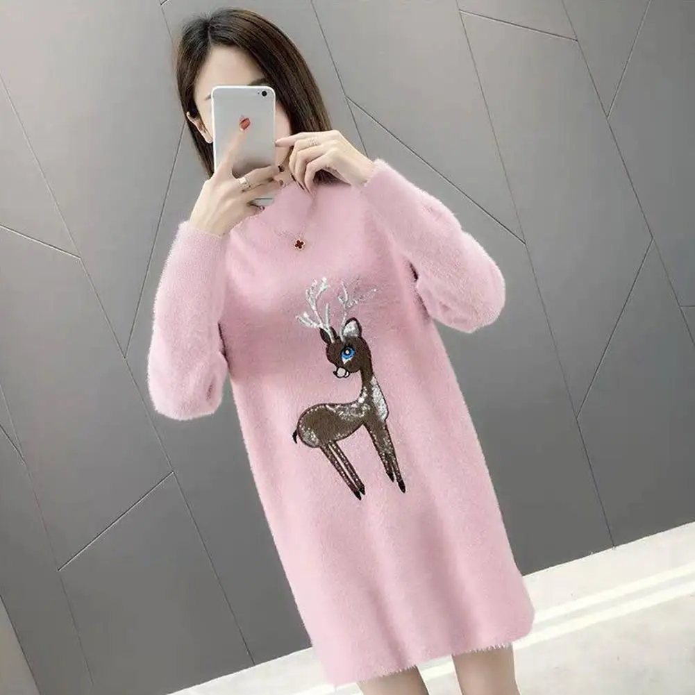 Mohair Winter Warm Christmas Sweaters Women Fleece FashionTurtleneck Knitted Sweater Dress Pullovers Long Knitwear Oversize