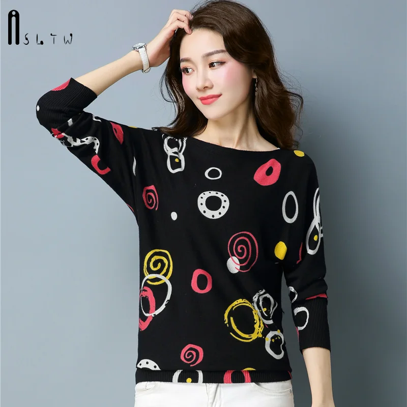 

ASLTW Print Sweater Woman Winter 2019 Fashion Long Sleeve Pullovers Jumper Plus Size O Neck Women's Sweater Female Tops