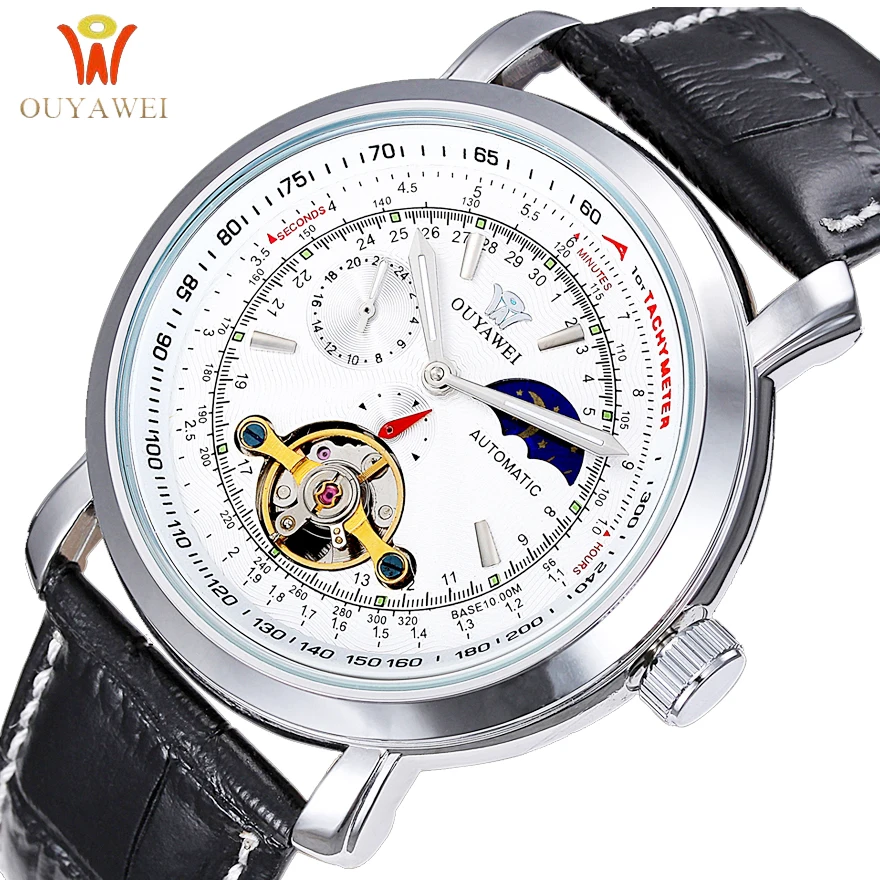 

High Quality Automatic Mechanical Watch Men Genuine Leather Strap Fully Auto sun-moon-star Dial Mens Skeleton Waterproof Watches