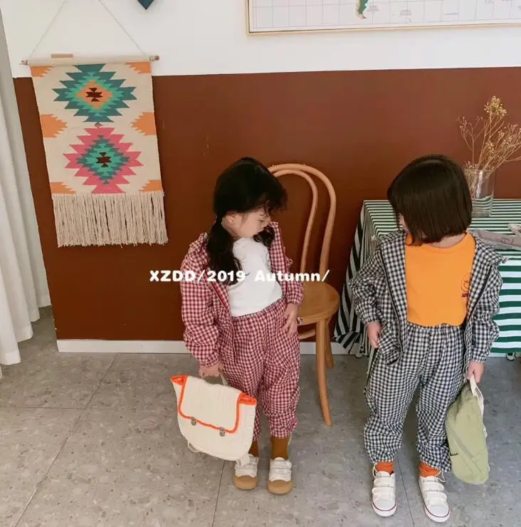 Новинка года, комплект из 2 предметов для девочек, куртка в клетку+ длинные штаны модные демисезонные костюмы для девочек 2-7 лет, HX344