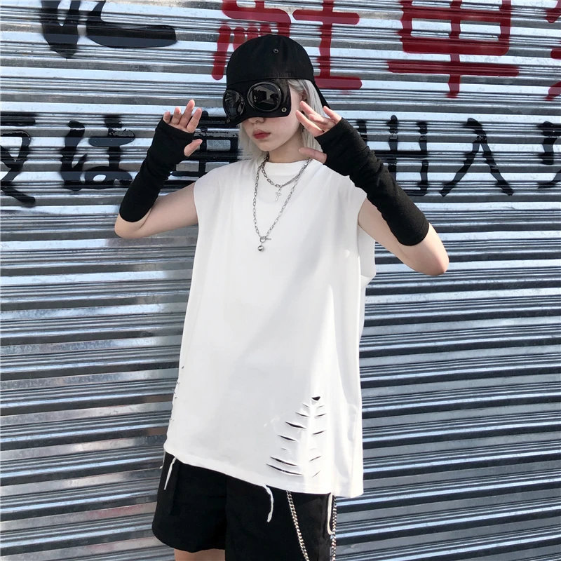 Футболка без рукавов Женская Корейская Инс Harajuku уличная Ретро дырочная свободная универсальная верхняя одежда жилет Топ в стиле панк 30bx
