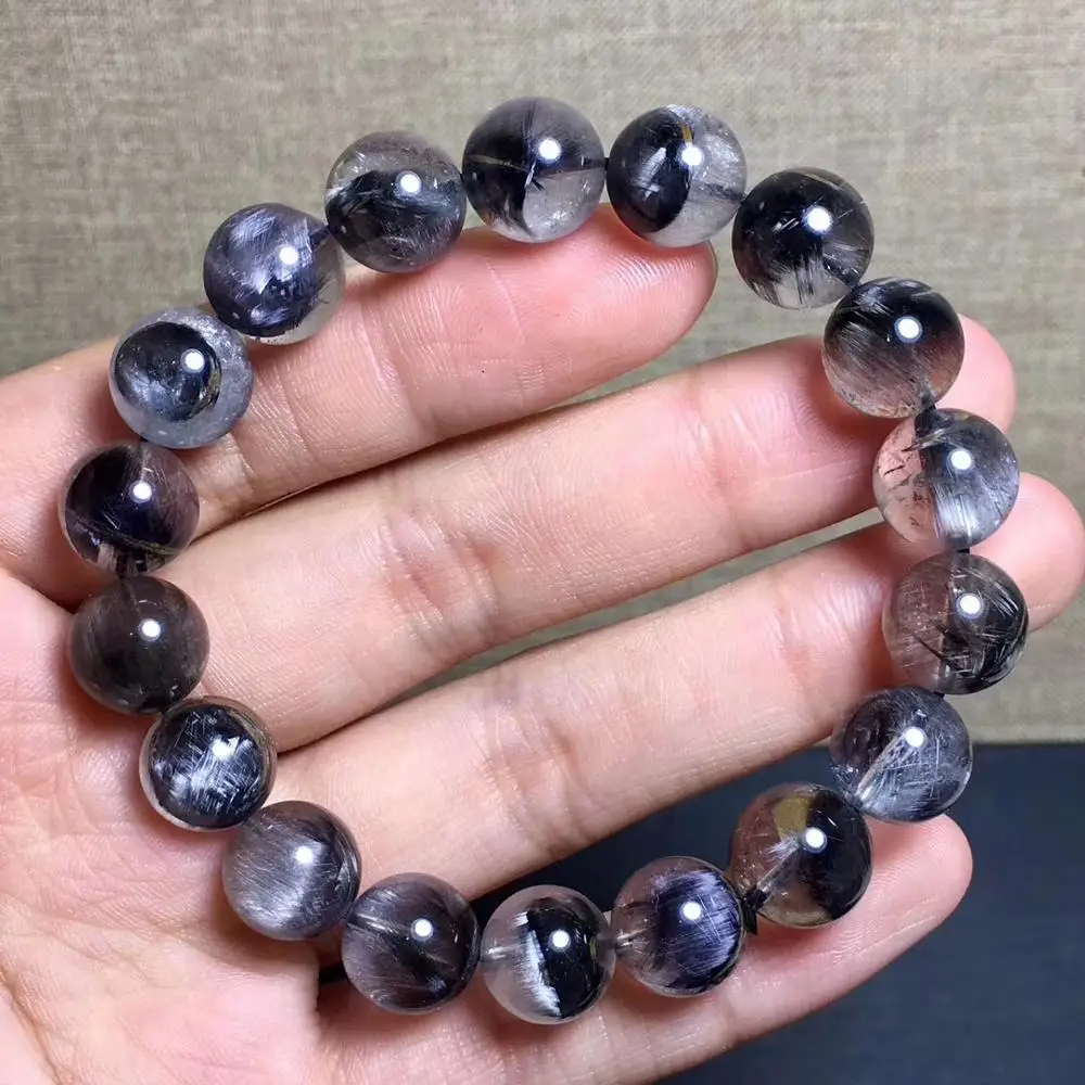 

11mm Certificate Natural Brookite Platinum Silver Rutilated Quartz Bracelet Crystal Gemstone Clear Round Beads Woman Man AAAAA