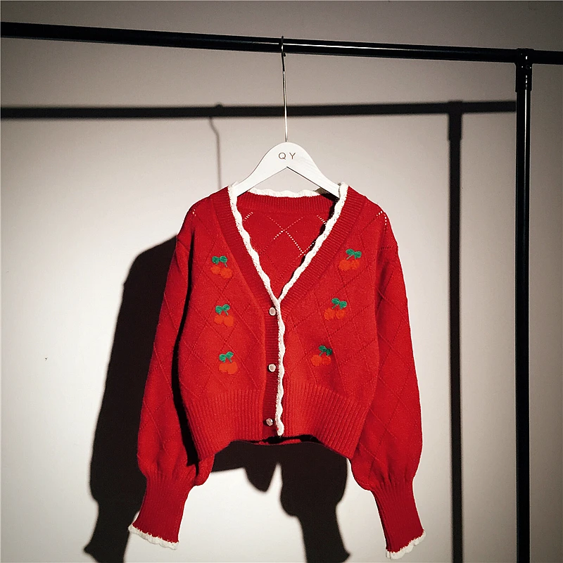 Kawaii Korea Style Cherry Embroidery Sweater