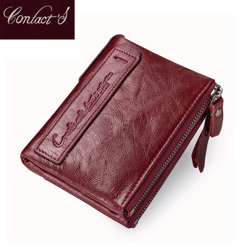 Wallets Red Card-Holder Coin-Purse Bi-Fold Small Double-Zipper Genuine-Leather Fashion