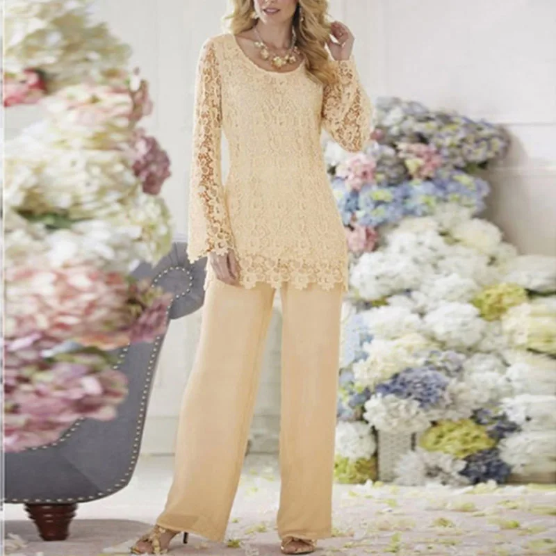 

Plus Size Lace Pant Suits for Mother of the Bride Chiffon Long Sleeve Formal Wedding Party Dress Vestido De Madrinha
