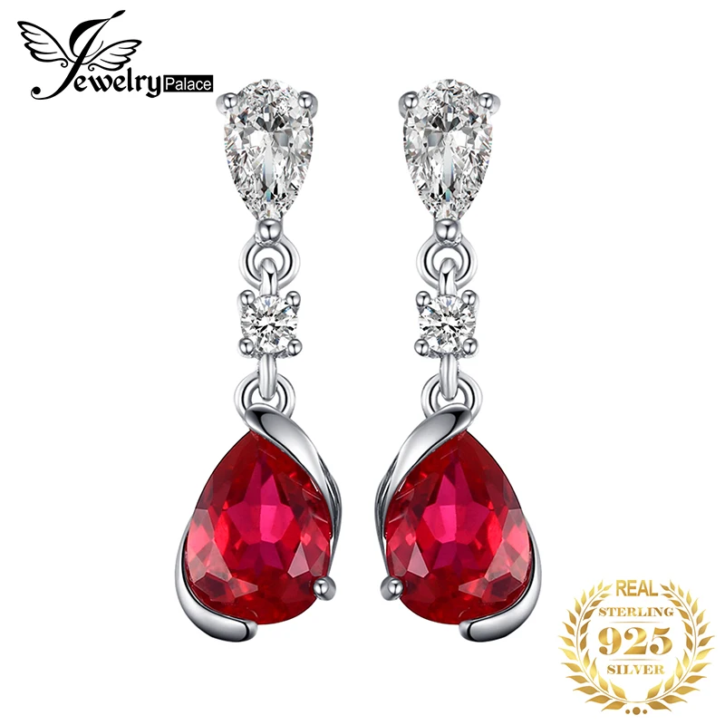 Image JewelryPalace 2.4ct Pear Red Created Ruby Drop Earrings 925 Sterling Silver 2017 New Fashion Earrings For Women Wedding Jewelry
