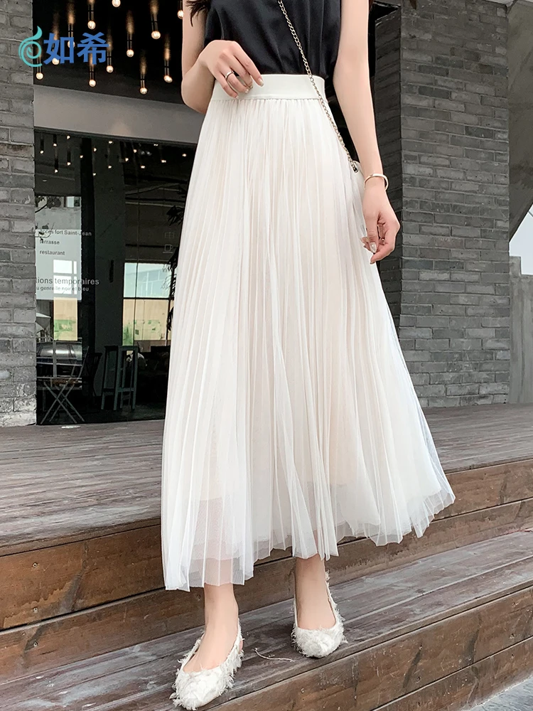 Faldas Vintage para mujer, falda de malla de tul cintura alta elástica, falda de tutú con pliegues larga, primavera y verano, 2022|jupe longue|skirt femalevintage skirts women - AliExpress