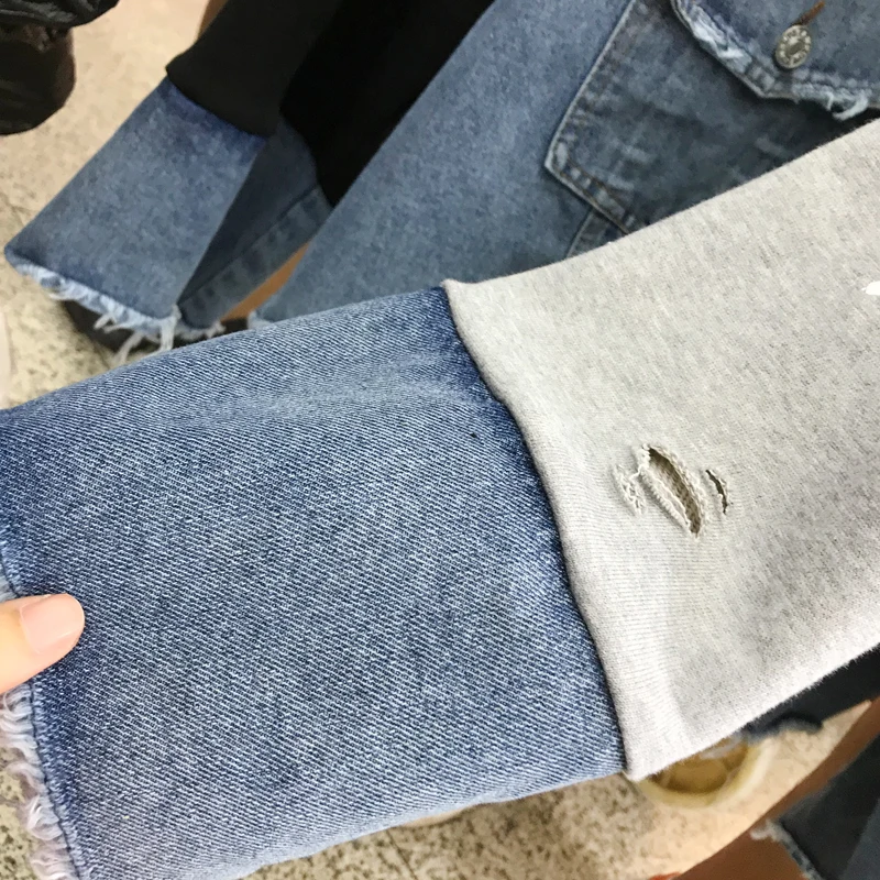 Loose Hoodie Woman Oversized Sweatshirt Autumn Holes Pullovers Long Sleeve Denim Coat Girls Student Loose Streetwear Femme
