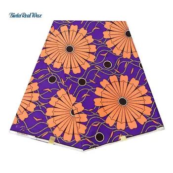 

2020 Africa Ankara Polyester Yellow Flower and Purple Base Wax Prints Fabric BintaReal Wax High Quality 6 yards for Dress FP6317