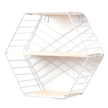 

Grid Wall Mounted Hanging Home Bedroom Display Hook Flower Stand Shelf Hexagonal 3 Layers Iron Rack Organizer Art White