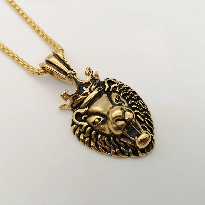 

2019 Vintage gold color stainless steel crown lion pendant & necklace mens cool animal roaring lion necklace rock jewelry
