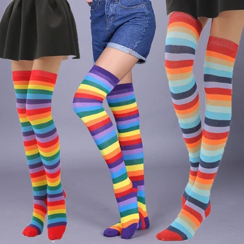 

European and American Trend Rainbow Stripes thigh high socks long large long socks Thin Over The Knee legs women's stockings