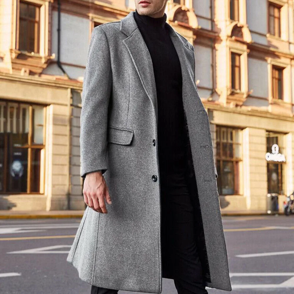 Deals Men Fashion Wool Blends Spring Office Solid Cuasl Blazer Winter Coat Outwear Slim Long Overcoat Plus Size 2XL Black/Gray