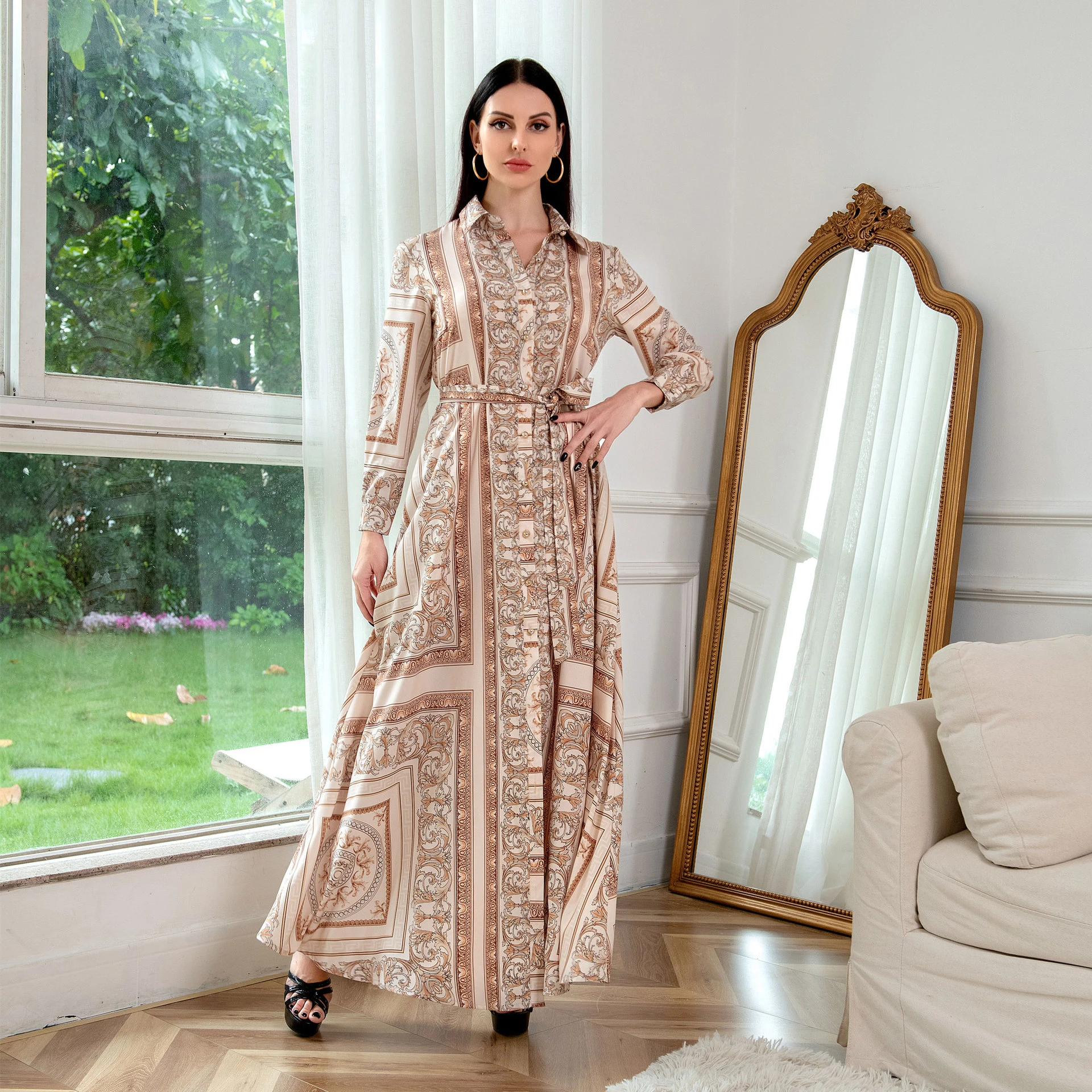 Elegant Long Sleeve Print Dress Women Ethnic Kaftan Shirt Maxi Abaya Dubai Casual Women's Dresses Djellaba - AliExpress