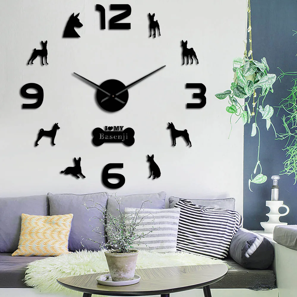 Basenji African Bush Dog Large DIY Wall Clock Barkless Doggie Ango Angari Congo Zande Puppy Pet Wall Stickers Watch Living Room