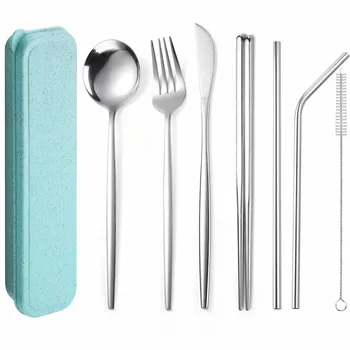 

Travel Tableware Sets Stainless Steel Cutlery Set Case Portable Cutlery Spoon Fork Knife Straw Dinnerware Sets Picnic 7 Pieces