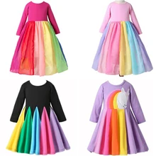 Новое платье для девочек хлопковая детская одежда радужные платья с длинными рукавами для девочек весенне-Осенние костюмы единорогов с вышитыми карманами