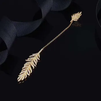 

925 Sterling silver Personality crystal Feather Leaves Dangle Earing 1PC Long Tassel Geometric Gold Color Leaf Drop Earrings