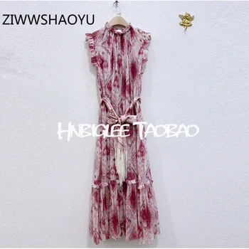 

ZIWWSHAOYU Elegant Ruffles Sleeveless Print Women Summer Bohemian Holiday Midi Dresses Bow Tie Tassel Ladies Chic Silk Dress