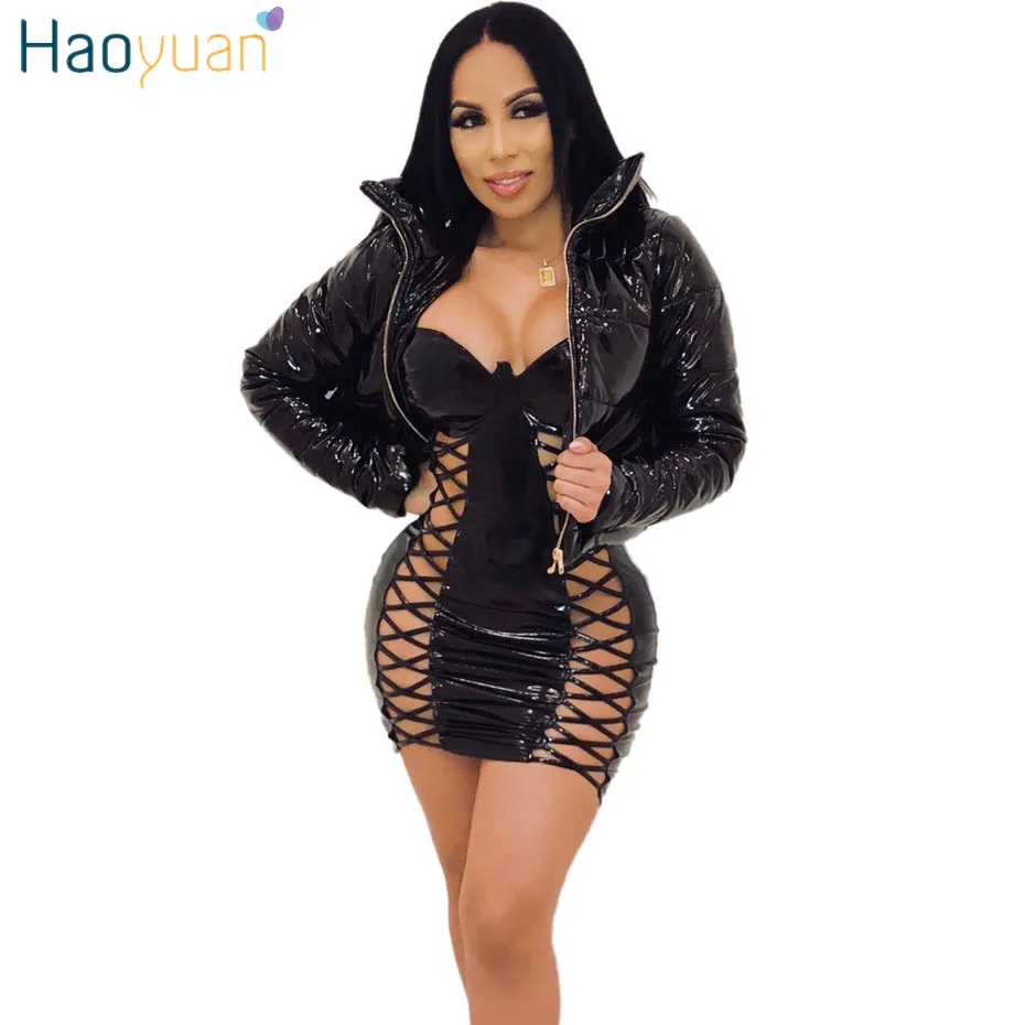 

HAOYUAN Plus Size Winter Jacket Women Warm Clothes Short Parka Padded Jacket Outerwear PU Leather Long Sleeve Tops Bubble Coat