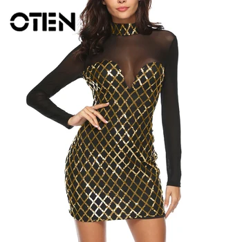 

OTEN Mini Dresses Women Sequin Plaid Slim Long Sleeve 2020 Spring Arrival Bodycon High collar Patchwork Sexy Club Party Clothing