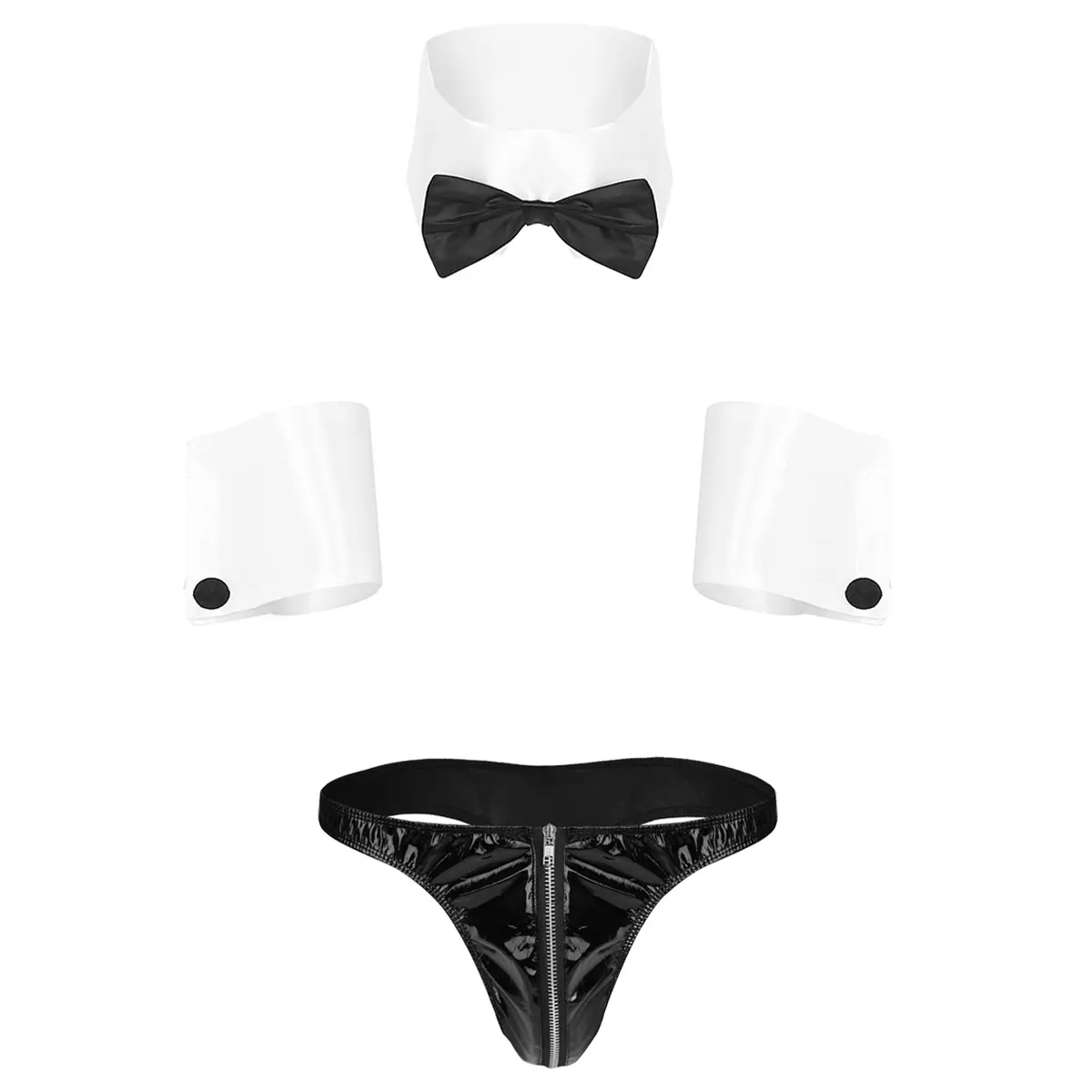 Mens Erotic Maid Uniform Wetlook Latex Leather Bikini Briefs+Collar Cuff Sexy Servant Cosplay Lingerie Set Club Roleplay Costume