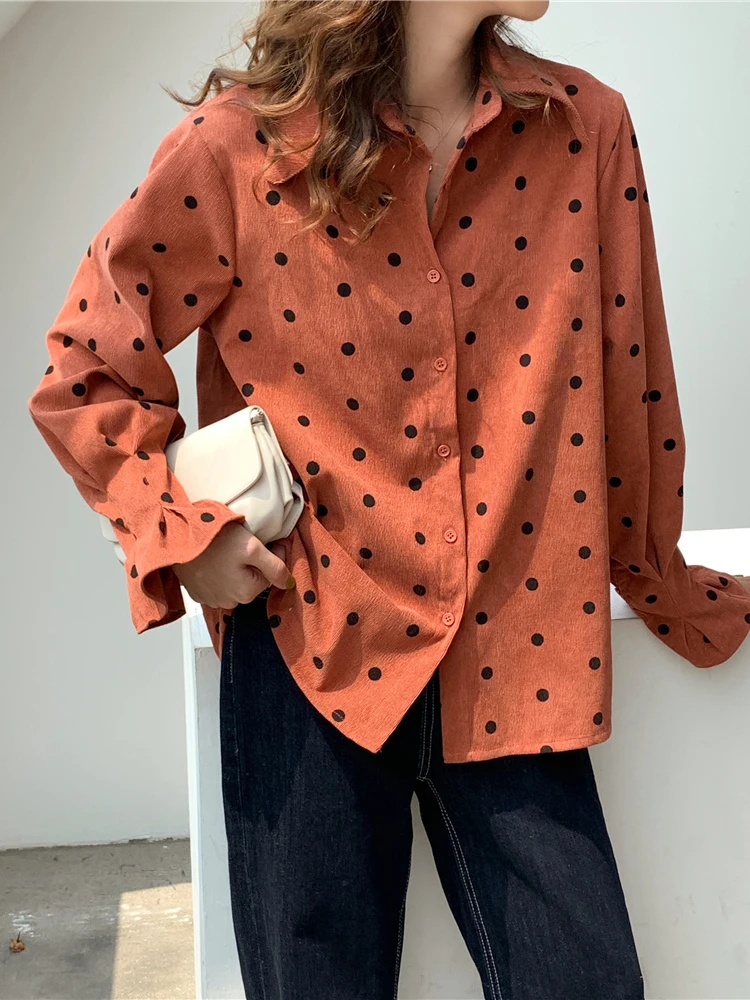 Корейская зимняя женская куртка Осенняя новая свободная однобортная Вельветовая рубашка в горошек с длинным рукавом женская блузка пальто - Цвет: orange