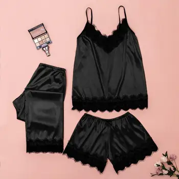 

2020 Lace Satin Sleepwear Set Plus Size 3PC Women Lingerie Camisole Bow Trousers Pajamas пижама велюровая ensemble pyjama femme