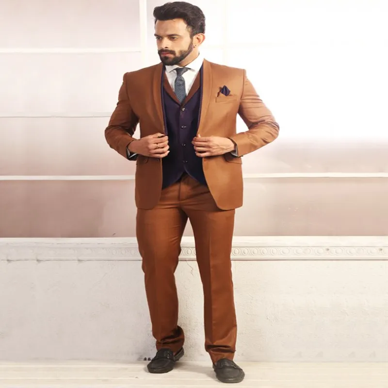 

2020 New Design Brown Man Suit Purple Waistcoat Groom Tuxedos Italian Style 3 Piece Mens Wedding Prom Dinner Suits herren anzug