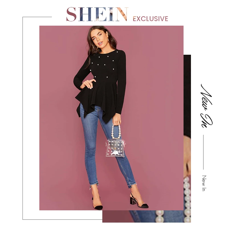 SHEIN Pearl Embellished Hanky Hem Peplum Top Women Spring Autumn Fitted Flared Round Neck Elegant Womens Tops and Blouses