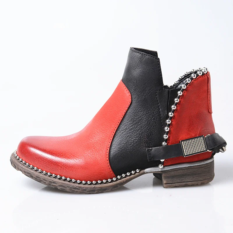 

England Style Punk Boots Women Vintage Street Rivet Round Toe Block Heel Ankle Boot Top Quality Winter Fleece Botas Mujer