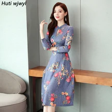Винтажные синие плотные Платья-миди в китайском стиле, осенне-зимние платья с длинными рукавами и принтом, элегантные женские вечерние платья