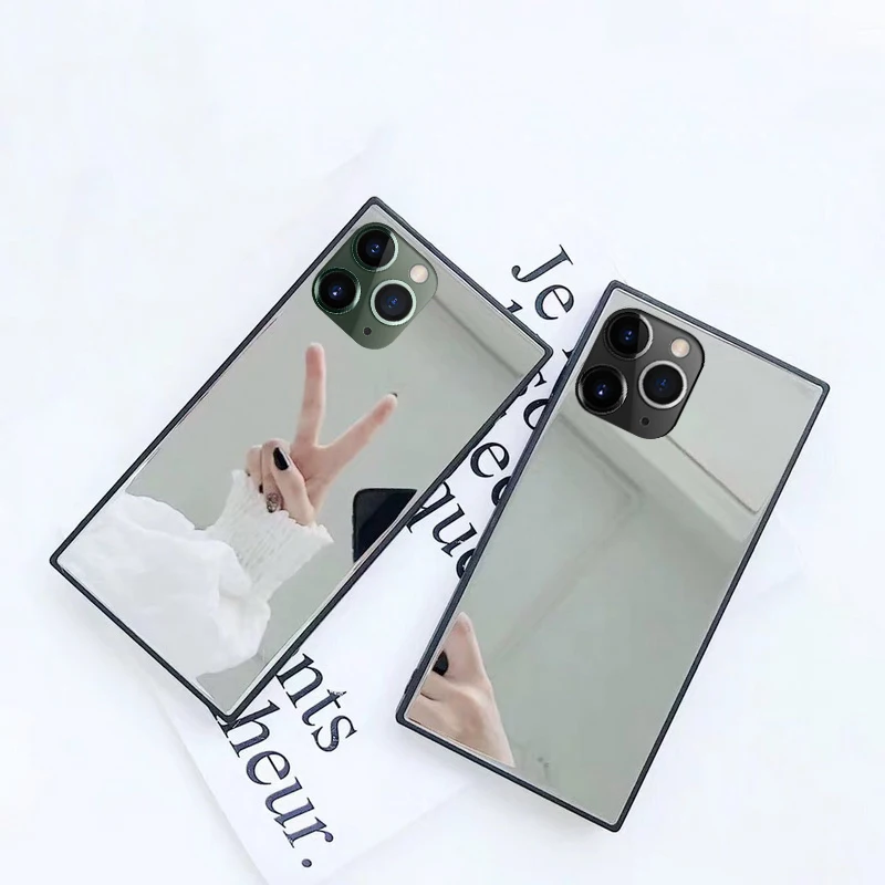 YISHANGOU Mirror Glass Square Back Case For iPhone 11 6 6S 7 8 Plus X XR XS Max Phone Case Soft Silicone Bumper Cover