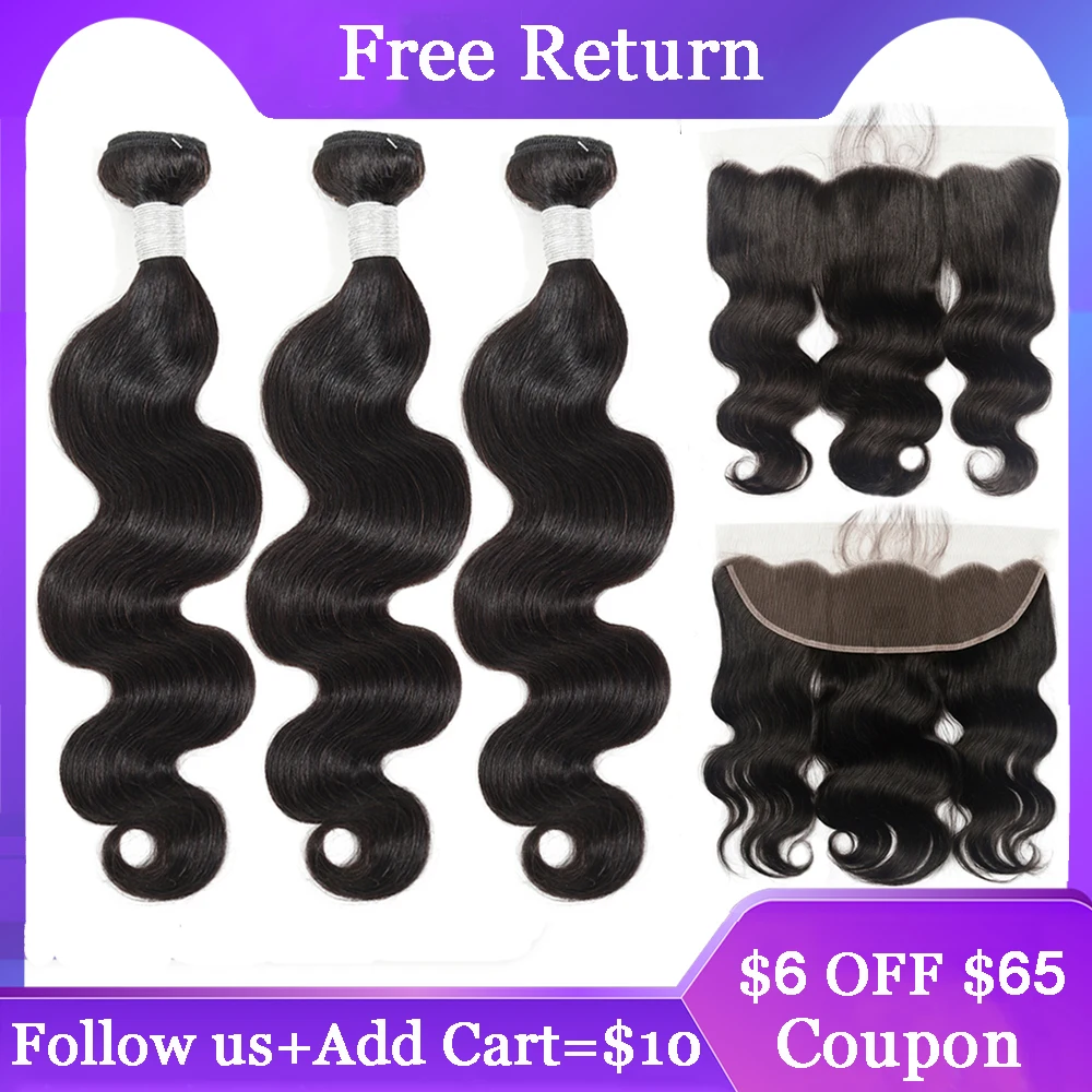 Tanie Superfect doczepy typu body wave z Frontal brazylijski ludzkie włosy splot wiązki z zamknięcia Remy czołowa koronki z wiązek