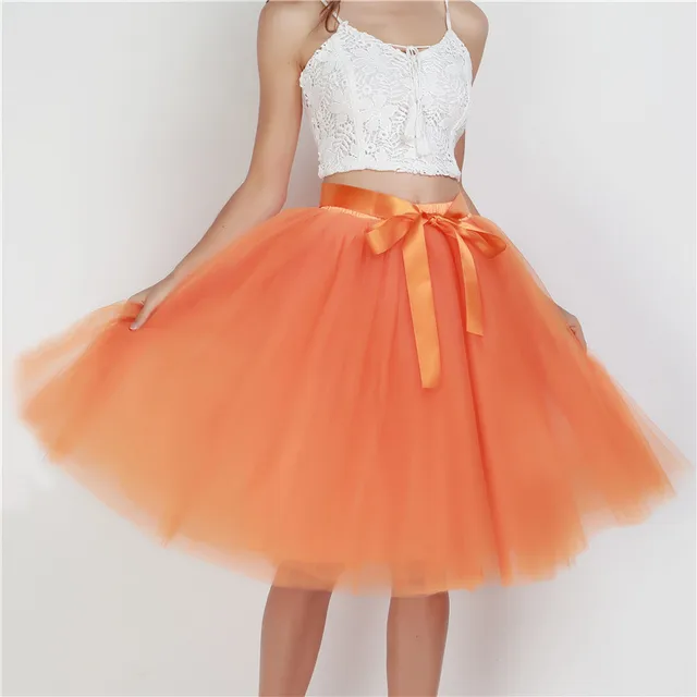 6Layers 65cm Fashion Tulle Skirt Pleated Tutu Skirts Women Lolita Petticoat Bridesmaids Sweet Party Midi Skirt Mini Skirt Dress orange