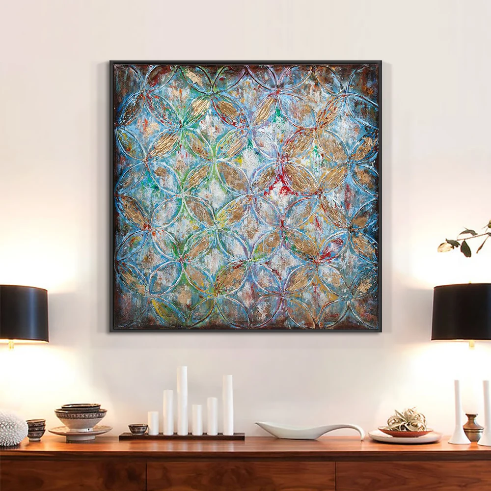 

Abstract Geometric Flowers Made Up Of Many Circles Painting On Canvas Handmade Oil Painting Wall Art For House Decoration