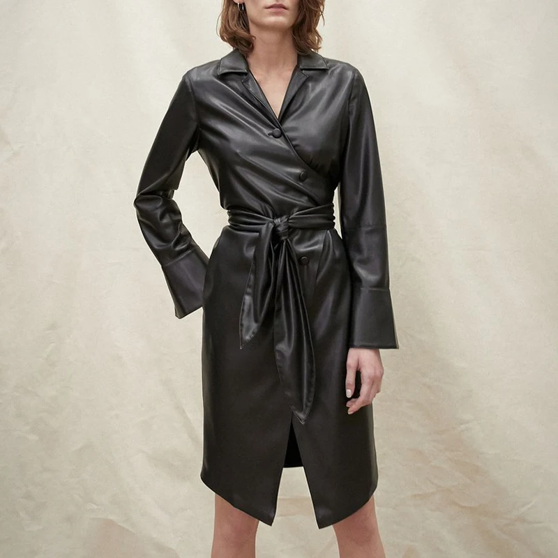 TWOTWINSTYLE кружевное платье из искусственной кожи для женщин воротник с лацканами с длинными рукавами и высокой талией платья женские осенние модные OL новые - Цвет: black