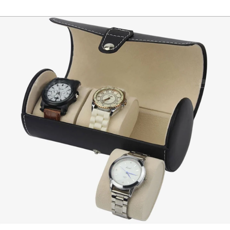 3 Slots Watch Roll Travel Case Chic Portable Vintage Leather Display Watch Storage Box with Slid in Out Organizers
