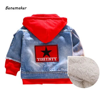 

Benemaker 2-8Y Patchwork Jeans Jackets for Baby Girls Boys Children Fleece Hooded Denim Coats Kids Windbreaker Outerwears AP047