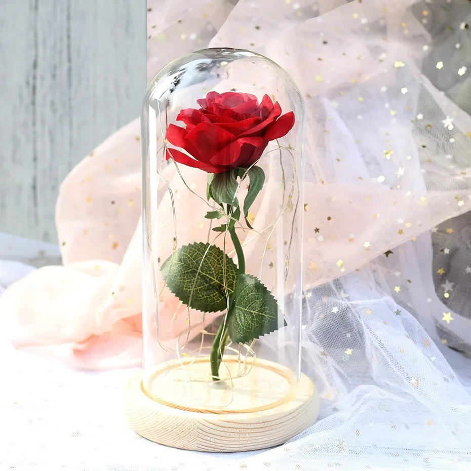 

Beauty And Beast Eternal Flower Rose In Flask Wedding Decoration Artificial Flowers In Glass Cover For Valentine's Day Gifts