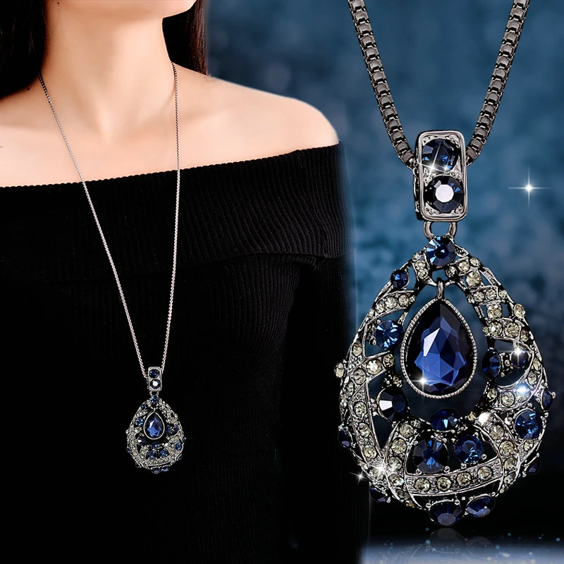 Vintage Lange Pullover Kette Halsketten Für Frauen Antike Kristall Wasser Tropfen Anhänger & Halsketten Weibliche Neue Mode Schmuck